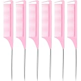 6PCS Hair Rat Tail Comb Metal Carbon Parting Hairdressing Styling Tools for Women and Girls (Pink)