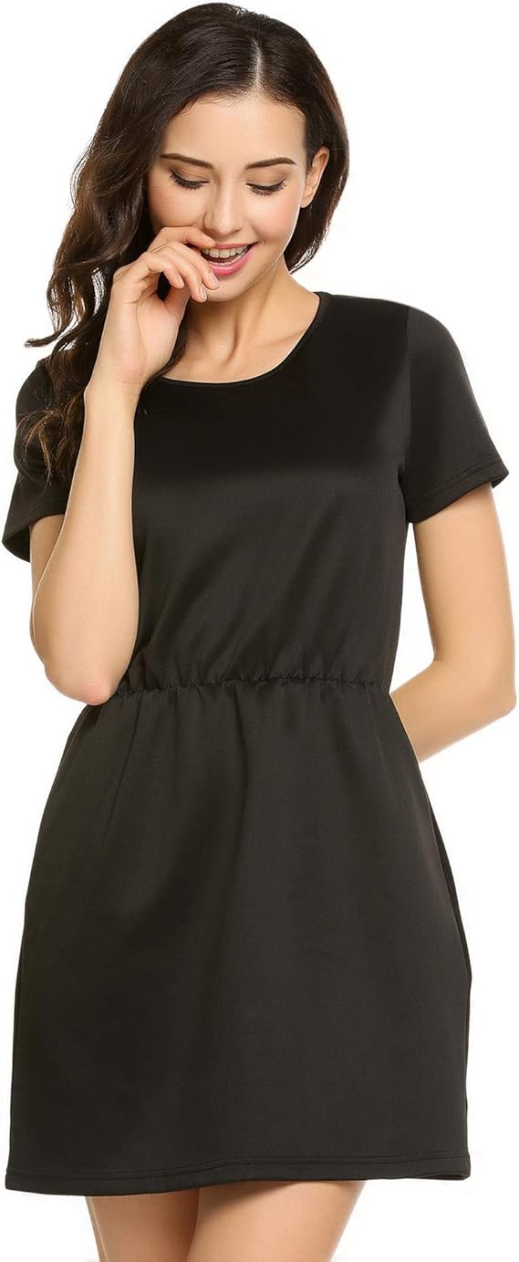 Sunywear Women O-Neck Short Sleeve Solid Casual A-Line Dress with Pocket Dresses Black at Amazon 