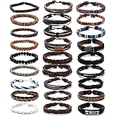FIRAZIO 27Pcs Braided Leather Bracelets for Men Women Wrap Wood Beads Cuff Bracelet Hemp Cords Ethnic Tribal Handmade Wrap Wristband Bracelets Set Adjustable