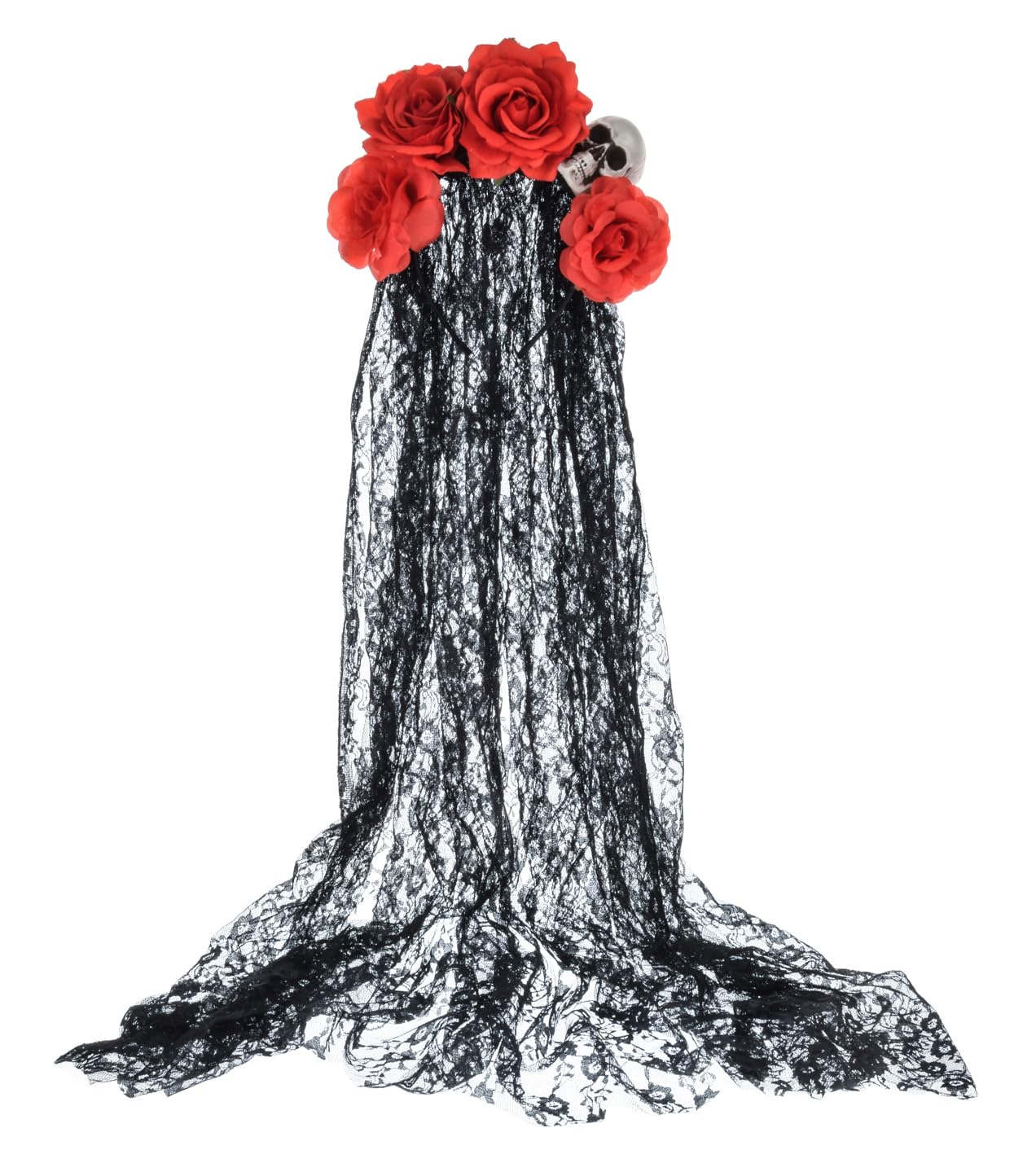 Merroyal Day of the Dead Headpiece Rose Floral Crown Halloween Costume Mexican Headband with Veil (Big Red Flower Skull+Veil)