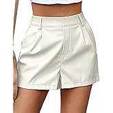 luvamia Faux Leather Shorts for Women High Waisted Pleated Wide Leg Stretchy Shorts with Pockets PU Leather Pants