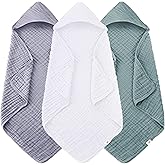 Sunny zzzZZ Muslin Hooded Baby Bath Towels - 3 Pack 100% Cotton Soft Low-Saturation Pastel Towels Including Classic White for Newborns, Infants, Toddlers - 32x32 Inch - Green, Grey and White