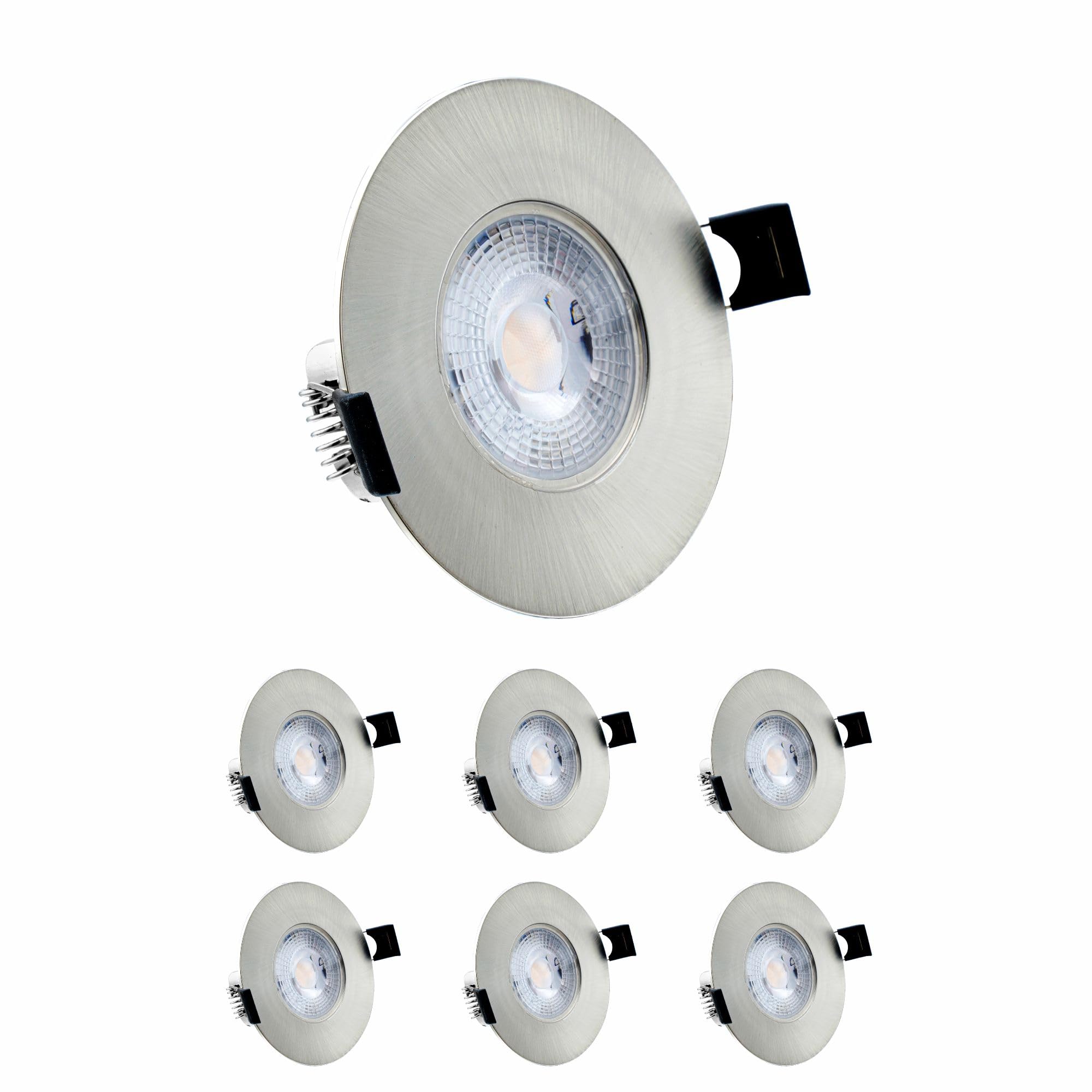 6X Sanlumia LED Recessed Downlight IP44 Ultra Slim Mains Powered Intergrated Flat Spotlight,7W 600lm,38 Beam Angle, 6400K Cool White, Satin Nickel Spot Ceiling Kitchen Bedroom Bathroom Living Room