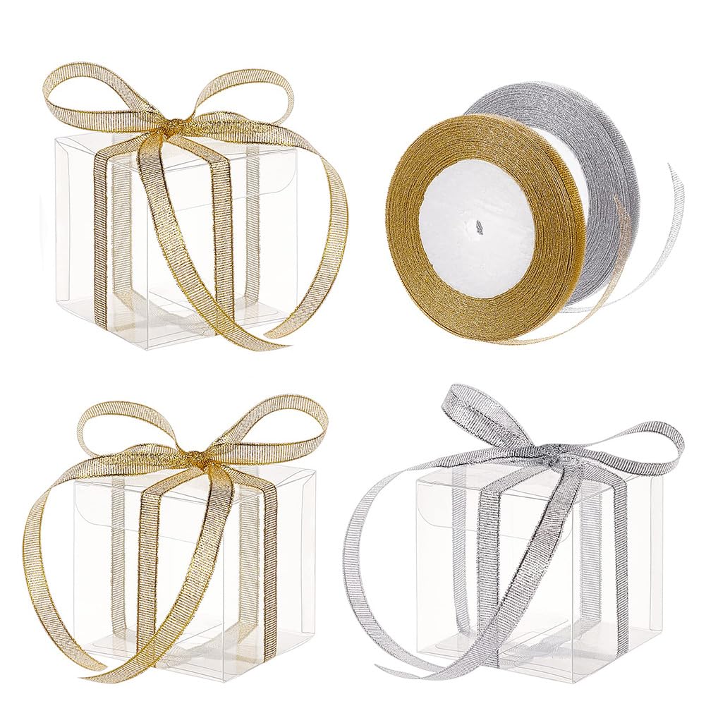 BENECREAT 30PCS 7x7x7cm Clear Cube Wedding Favour Boxes PVC Transparent Cube Gift Boxes with 2 Rolls Gold and Silver Glitter Ribbons for Candy Chocolate Birthday Party