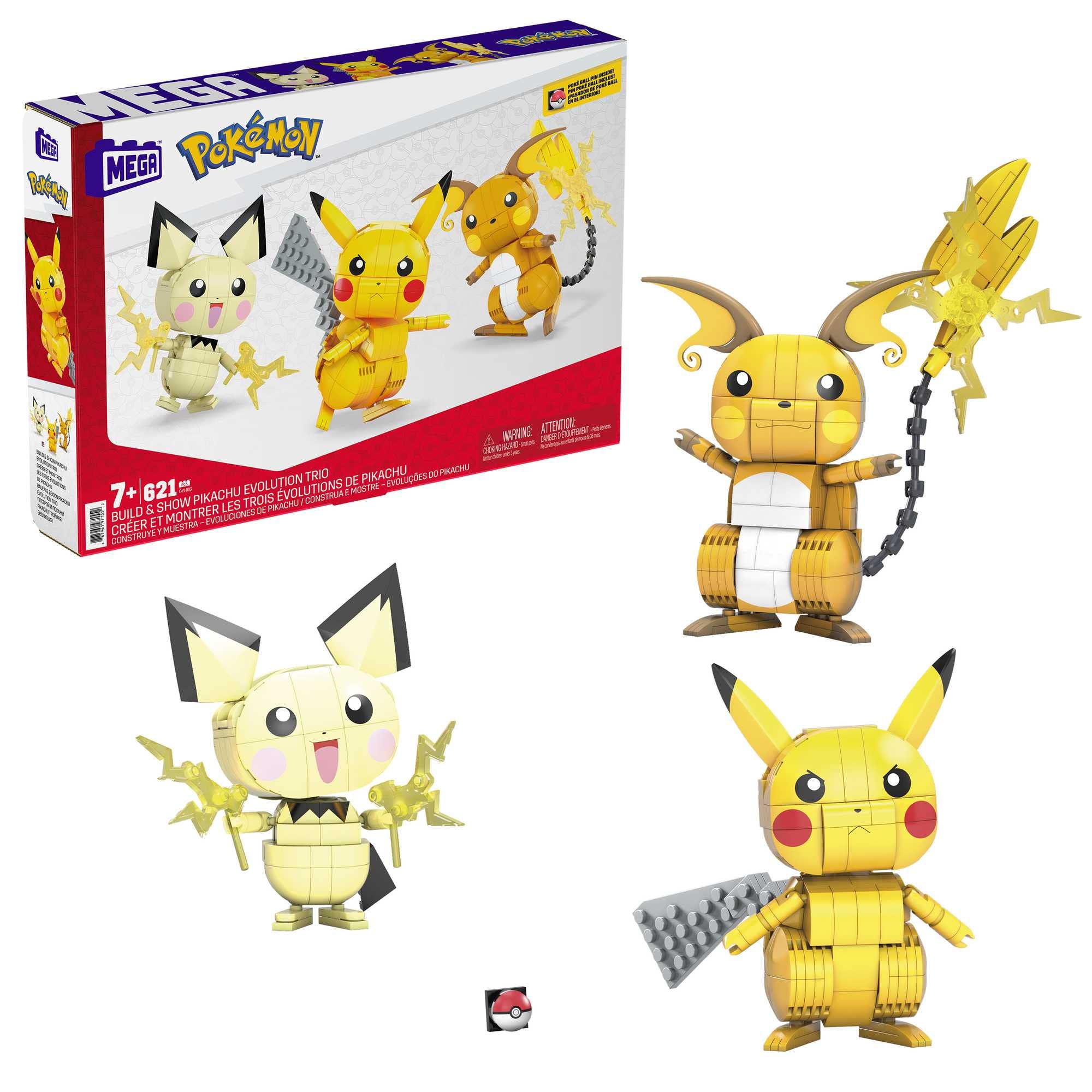 MEGA Pokémon Action Figures Toy Building Set, 4 Inch Pikachu, Raichu and Pichu Build n Show Pikachu Evolution Trio with Poke Ball Pin