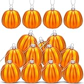 12 Pcs Orange Pumpkin Ornaments Fall Mini Pumpkins Ball Hanging Tree Ornament for Thanksgiving Harvest Home Party Decorations