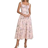 KUTUMAI Floral Corset Midi Dress Lace Up Cutout Flowy Summer Wedding Guest Dresses for Women Sundress with Pockets