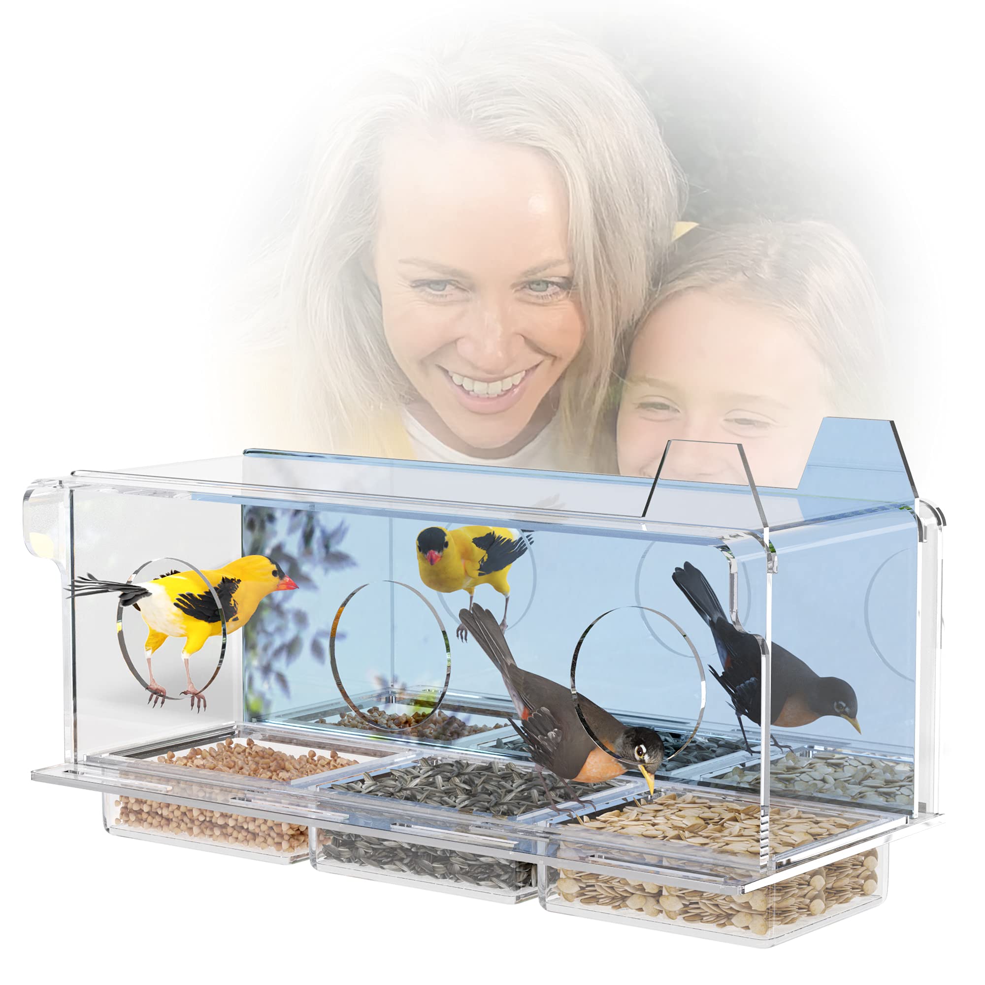 FifthStart Bird Feeder for Window with Scare Free Two-Way Reflector and a Removable Restriction Door - Window Bird Feeders with Strong Suction Cups - Clear Window Bird Feeders for Outside
