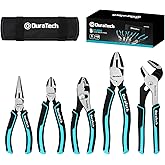 DURATECH 5-Piece Cr-Ni Pliers Set, 6" Long Nose, Slip Joint, Diagonal Cutting, 8" Linesman, Groove Joint Pliers, Easy Storage Oxford Rolling Pouch