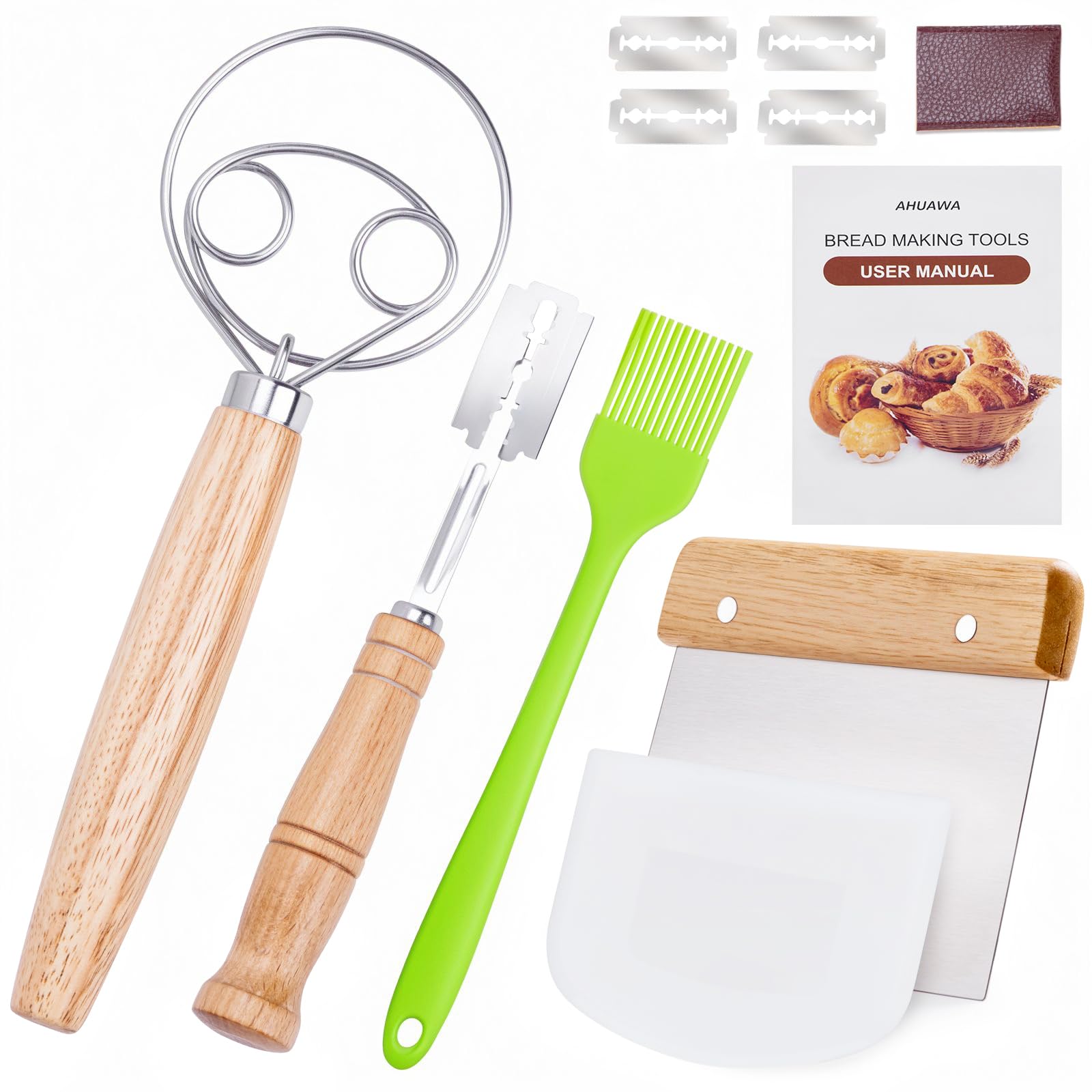 Photo 1 of Danish Dough Whisk with Sourdough Scoring Tool, Bread Making Tools and Baking Supplies - Dough Hook Dutch Whisk, Bread Lame, Bench Scraper & Pastry Brush