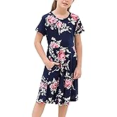 GORLYA Girls Short Sleeve Floral Print Casual Fit and Flare Party Dress with Pockets 4-12 Years