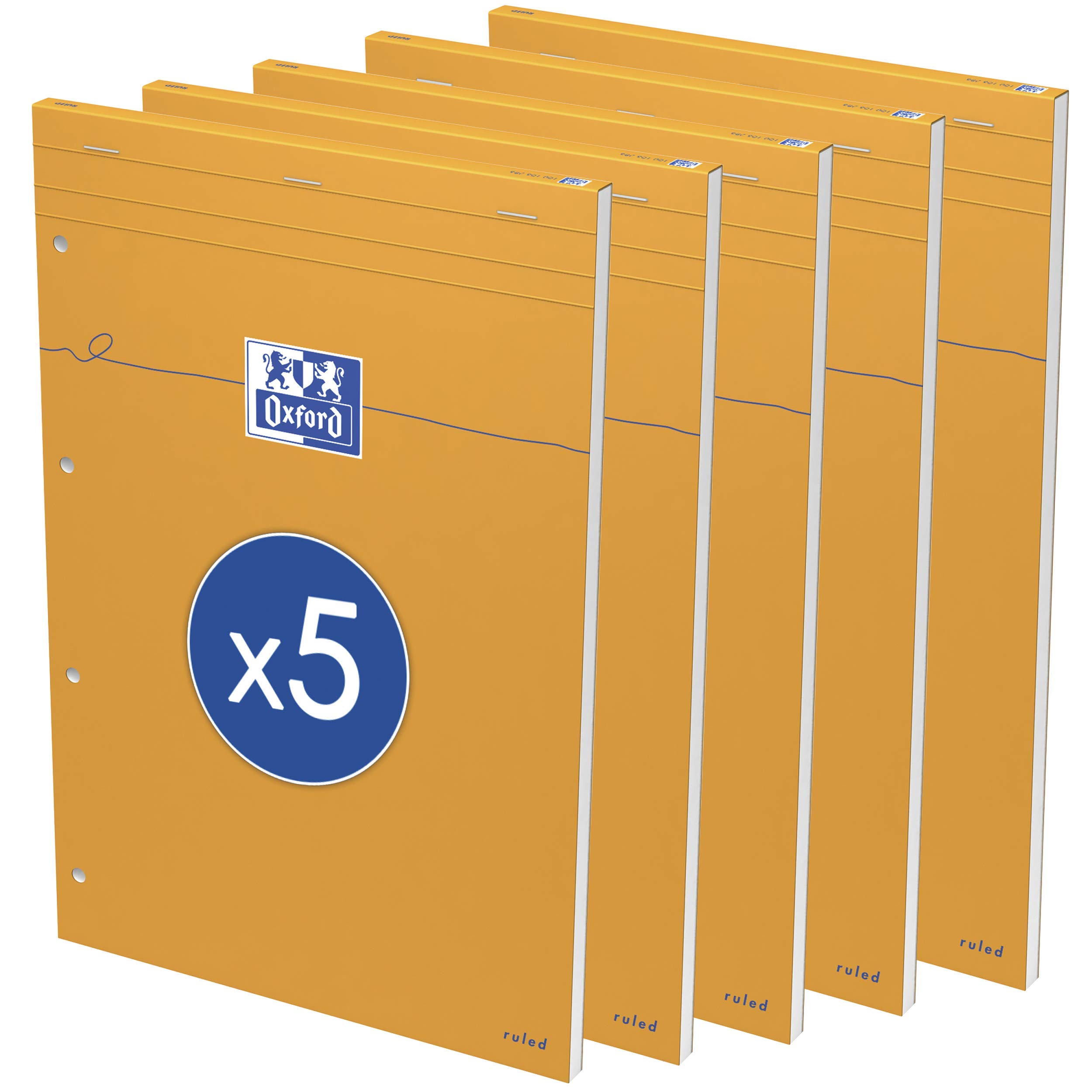 OXFORD Pack of 5 Perforated Notepads A4+ Orange Ruled 8 mm Yellow and Margé 80 Sheets Stapled Card Cover Orange