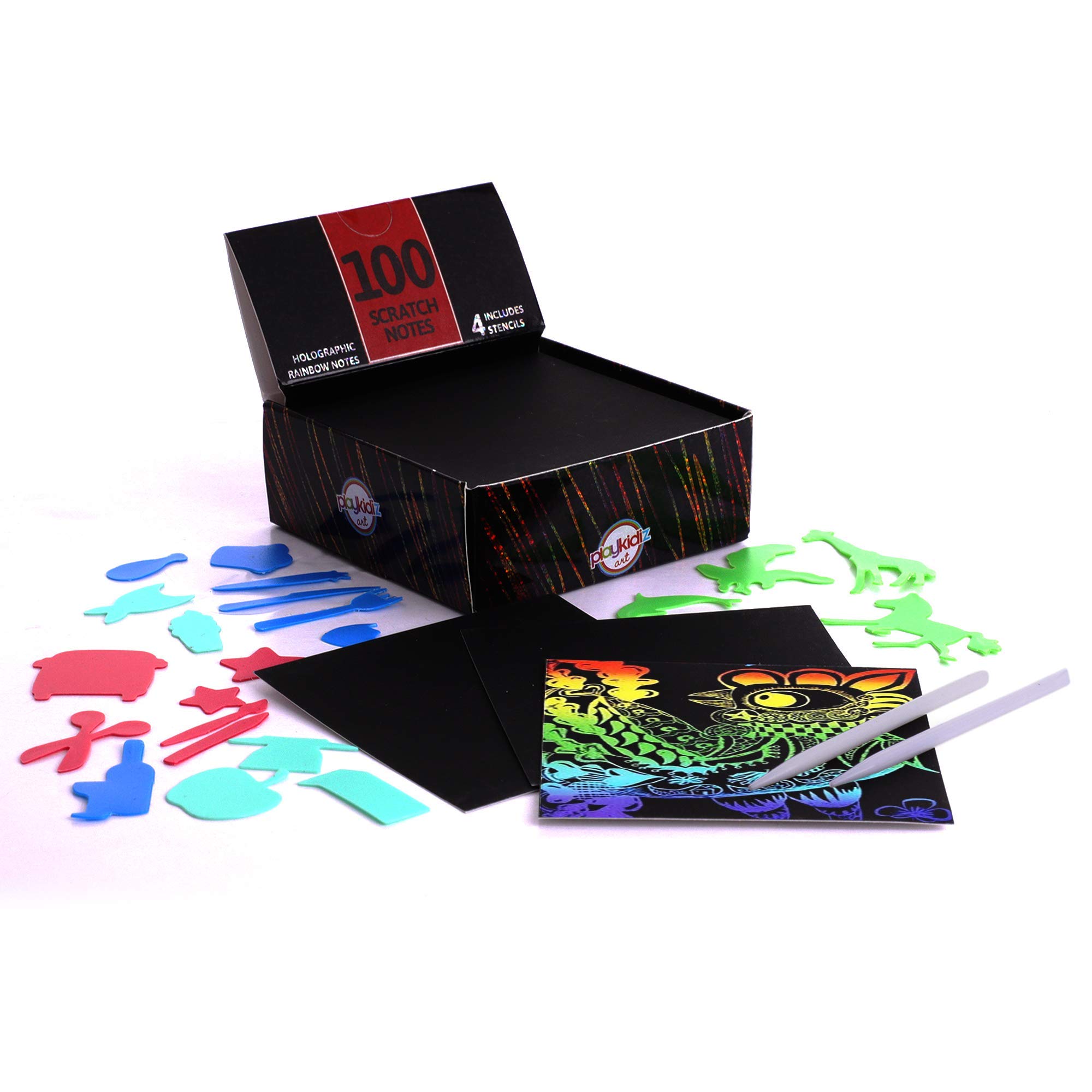 Playkidiz Scratch Paper Art Box, 100 Scratch Off Notes, Neat Desktop Dispenser, Magic Scratch Art, Holographic Rainbow, Includes 4 Tracing Stencils & 2 Stylus Pens
