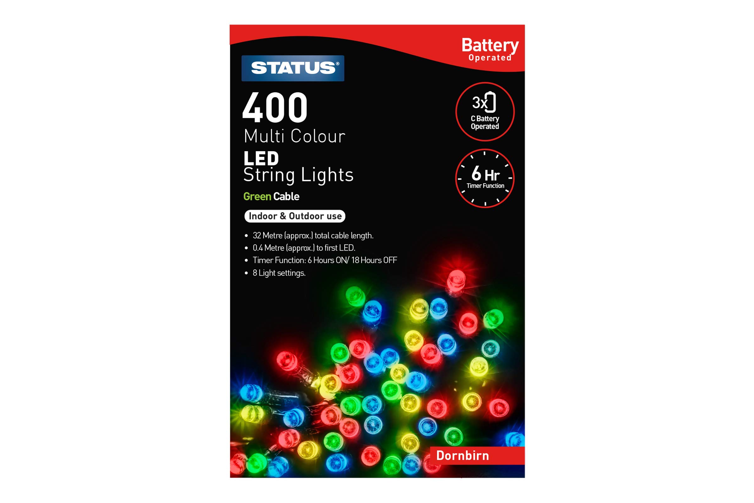 Status Dornbirn String Lights | 400 LED Multi Colour Light Chain with 6 Hour Timer | 32.3 Meter Cable Length (0.4m to First Light) | Indoor & Outdoor Party Lights Battery Operated | DORNBIRN400BTMC6