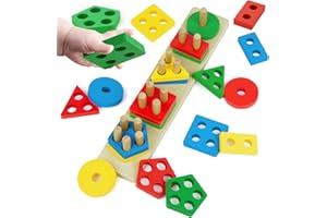 BESSLLY Shape Puzzles Wooden Puzzles for Toddlers 1-3, Color Shape Sorter Stacking Matching Sensory Toys Educational Learning Puzzle Toys for Boys Girls Preschool Birthday, Multicolor
