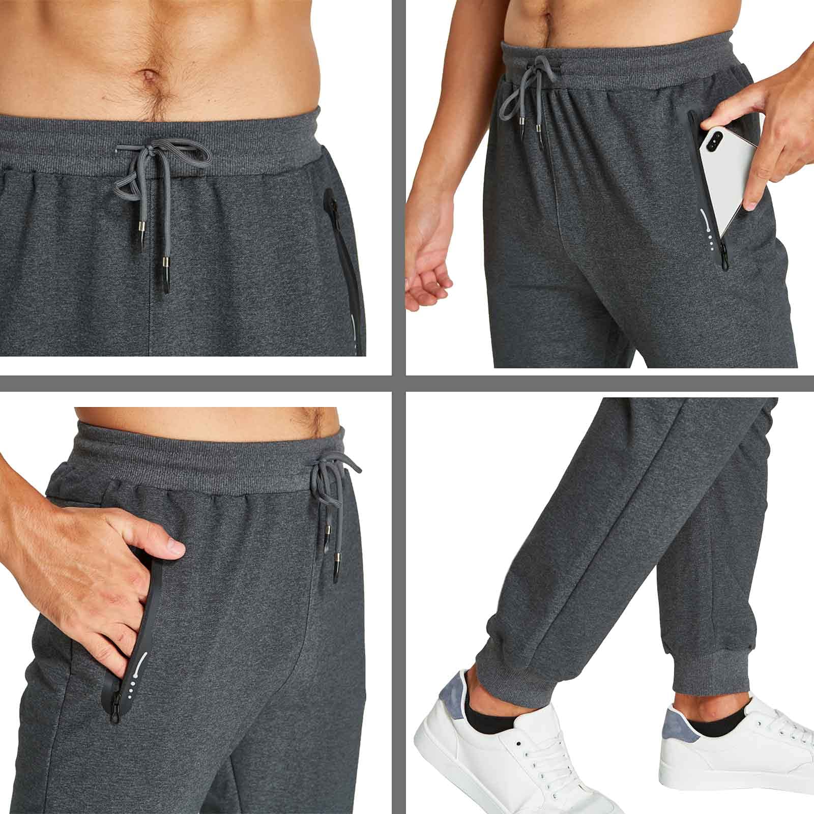 JustSun Jogginghose Herren Trainingshose Männer Sporthose Herren Lang Baumwolle Fitness Freizeithose Herren Reissverschluss Taschen Dunkelgrau L 4