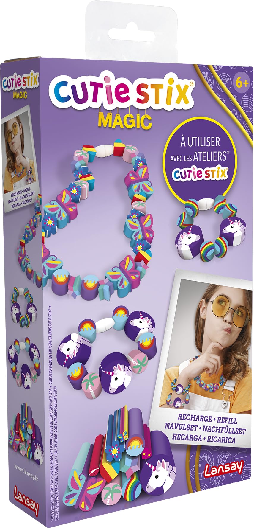 Lansay CUTIE STIX Magic Refill for Use with Atelier Cutie Stix - 11 Stix Unicorn, Rainbow and Butterfly Theme - For Jewellery Making & Bracelet Kit for Children from 6 Years - Creative Hobbies