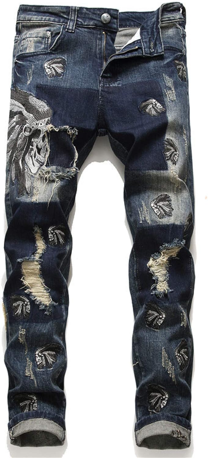YLBH Gestickte, Eng Anliegende StretchSlimFitHerrenjeans Mit Totenkopf Camel Jeans Hosen FüR