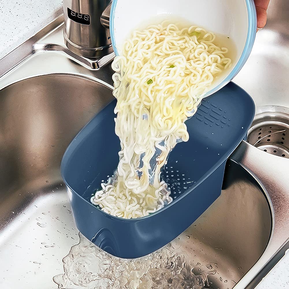 Sink Strainer Colander Drain Basket, Multifunction Saddle-Shaped Strainer for Filter Kitchen Waste and Wash Vegetables Fruits Blue