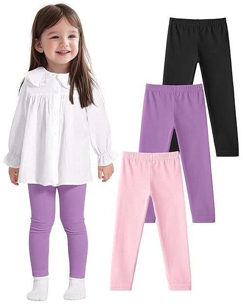 ZUEMET 3 Pack Baby Cotton Pants Toddler Boys Girls Leggings Basic Clothes Size 3T Black+Light Pink+Purple