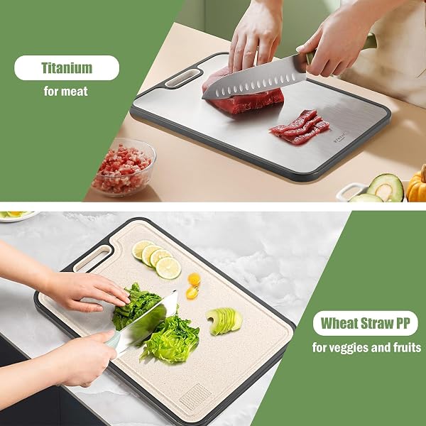 TITANIUM CUTTING BOARDS FOR KITCHEN, 18” DOUBLE SIDED CUTTING BOARD FOOD GRADE, PURE TITANIUM AND WHEAT STRAW PP, FOR MEAT & VEGGIE, NON-SLIP
