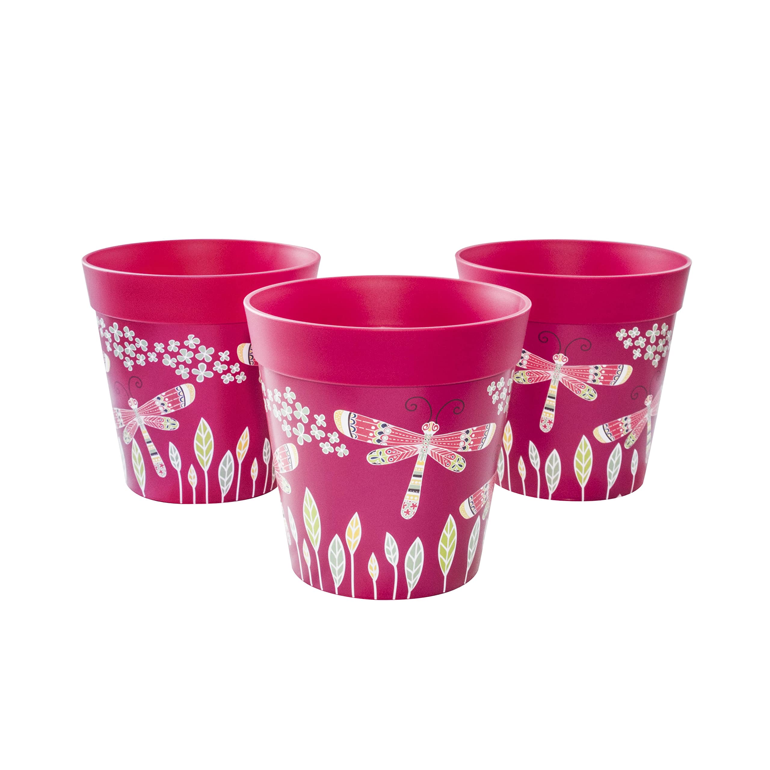 Hum Flowerpots, 15cm Set of 3, Various Patterns Colours and Sizes, Indoor/Outdoor Plastic Plant Pots, Pink Dragonflies — image 1