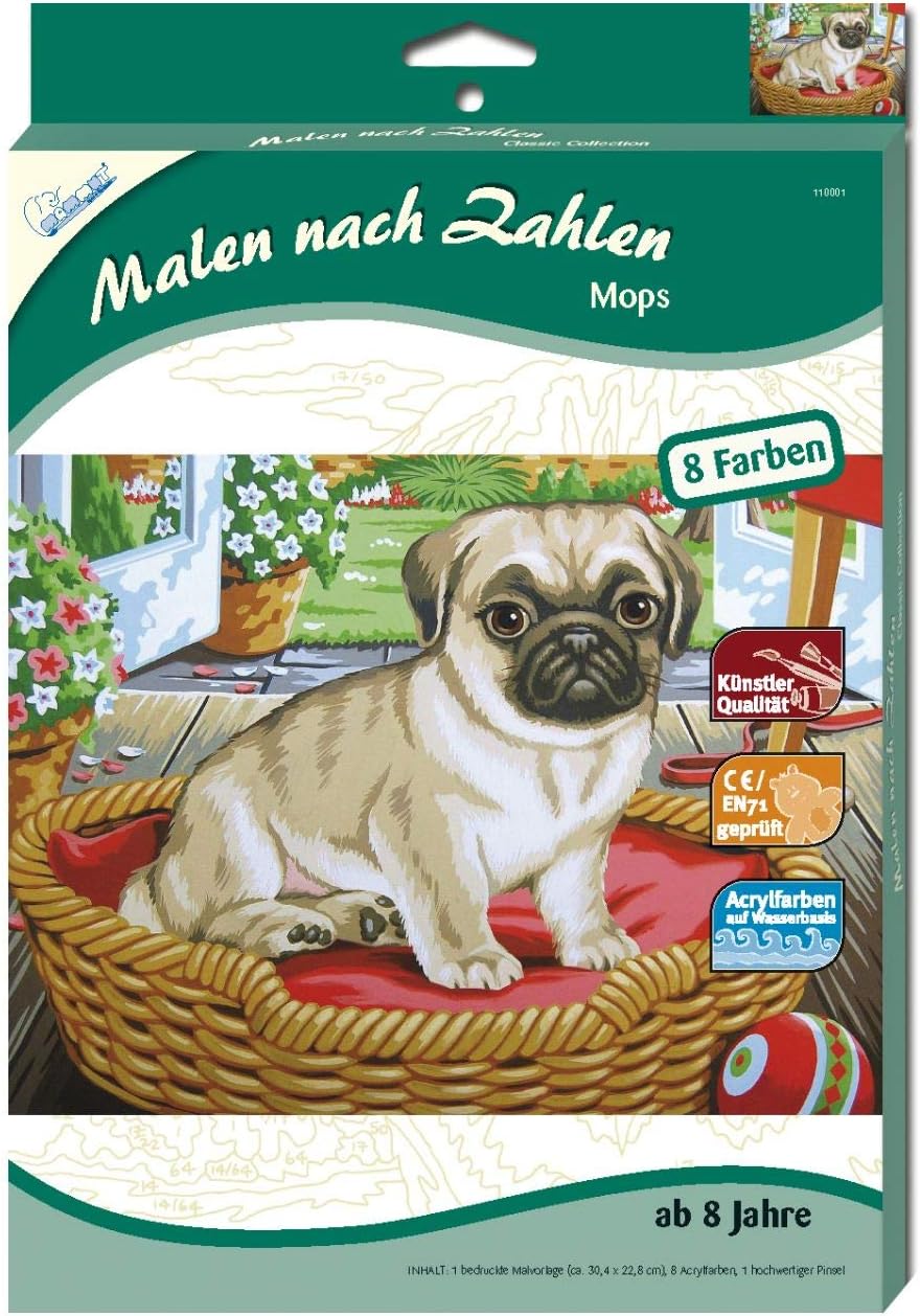 Mammut Spiel & Geschenk 110001 Numbers Classic Animal Motif, Pug, Dog, Complete Printed Template in A4 Format