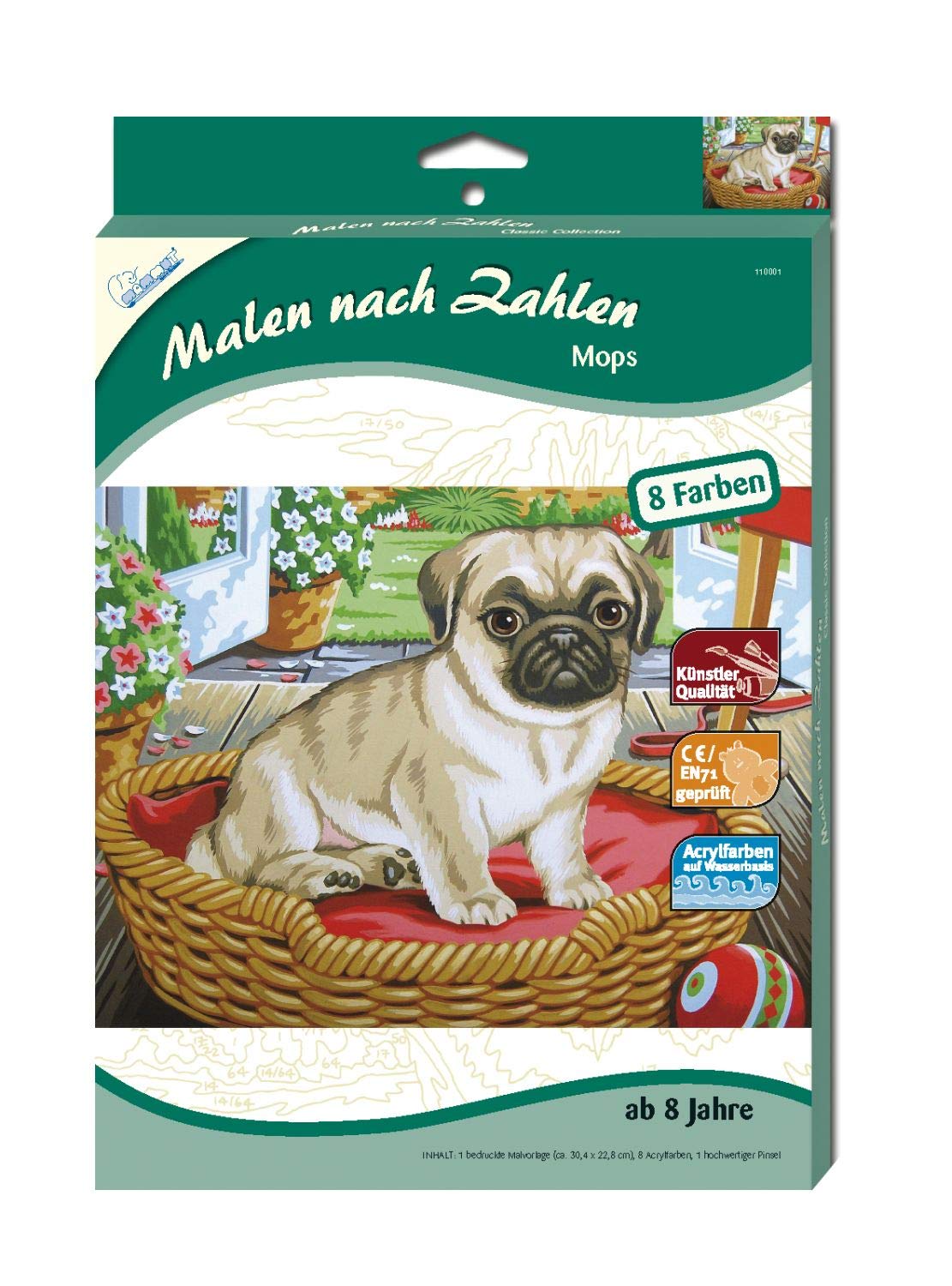 Mammut Spiel & Geschenk 110001 Numbers Classic Animal Motif, Pug, Dog, Complete Printed Template in A4 Format, 8 Acrylic Brushes, Painting Set for Children Aged 8 Years and Above