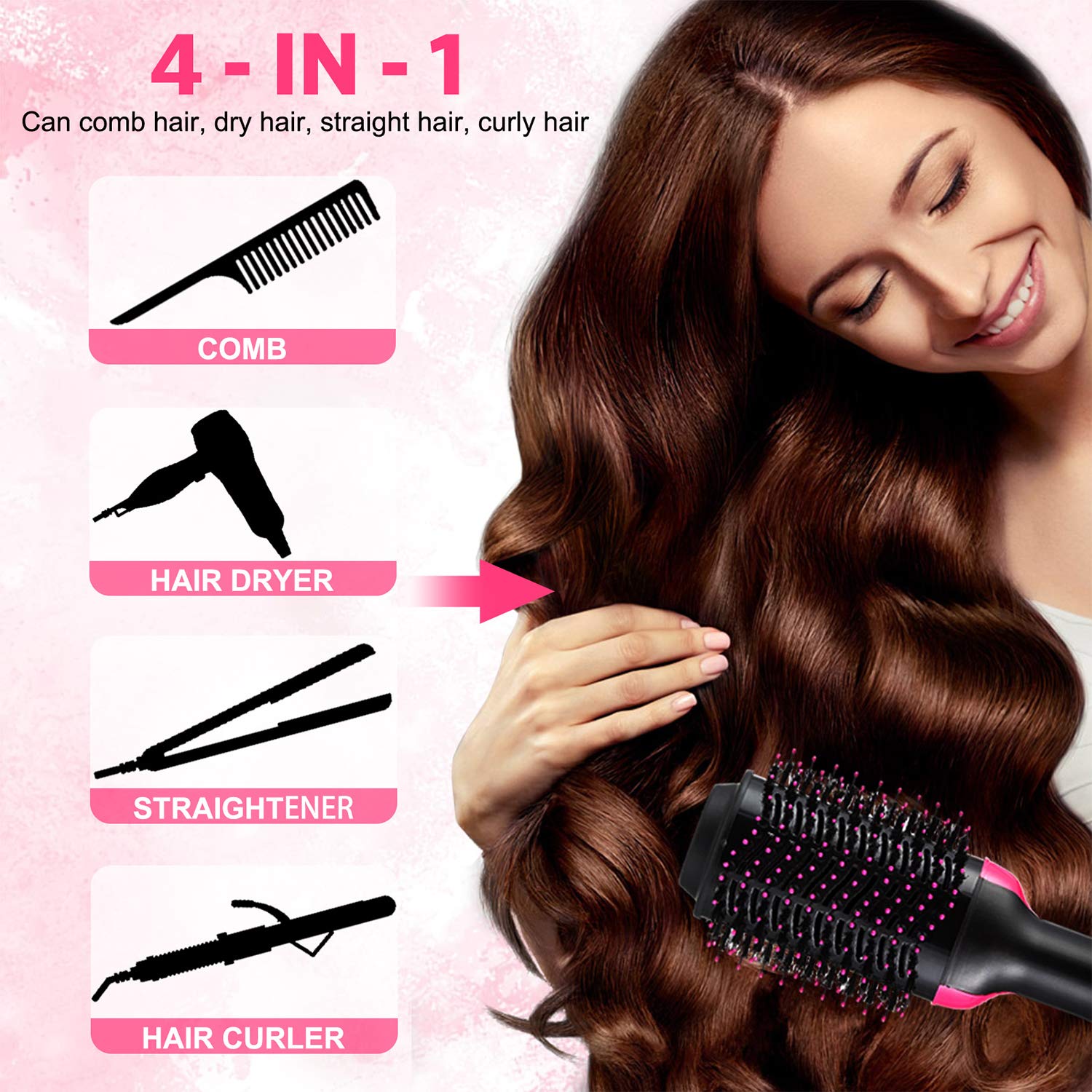 Blow Dryer Brush, Hot Air Brush Hair Dryer Styler One Step Hair Dryer and Volumizer 4 in 1 Brush Blow Dryer Styler for Rotating Straightening, Curling, Salon Negative Ion Ceramic Hair Dryer Brush : Beauty
