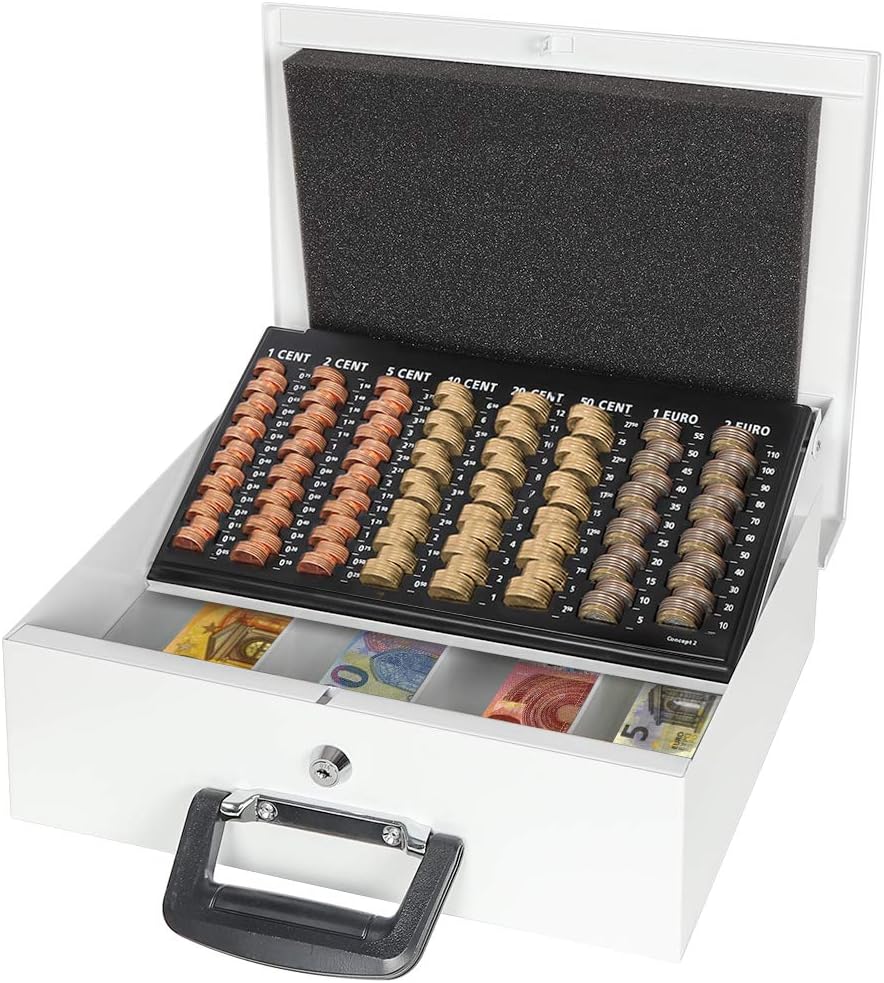 Large Cash Box with Key Lock, Parrency Portable Metal Money Box with Double Layer & 2 Keys for Security