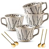 Noevany Ceramic Latte Mug Set of 4 with Gold Spoon, 11 Ounce Porcelain Cups for Latte, Hot Tea, Cappuccino, Mocha, Cocoa, Housewarming Wedding Present Gifts for Men Women Dishwasher Microwave Safe