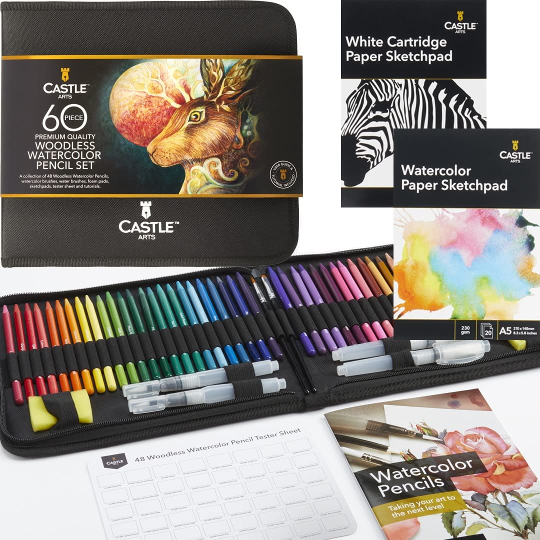Castle Art Supplies 60 Piece Woodless Watercolour Pencils Set | 48 Solid Premium Pigmented Pencils Plus Extras | All Core, No Wood | for Adult Artists, Starters, Colourists | in Strong Fabric Case