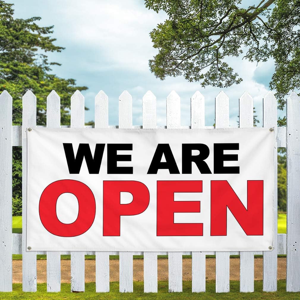 Amazon Com Vinyl Banner Multiple Sizes We Are Open Black Red Business Outdoor Weatherproof Industrial Yard Signs 6 Grommets 36x72inches Office Products