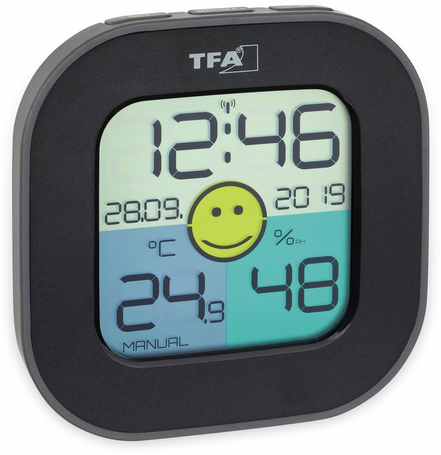 TFA Dostmann FUN, digital thermo-hygrometer, including radio-controlled clock with date, smiley comfort zone indicator, for room climate control, black, L 88 x W 19 (44) x H 88 mm