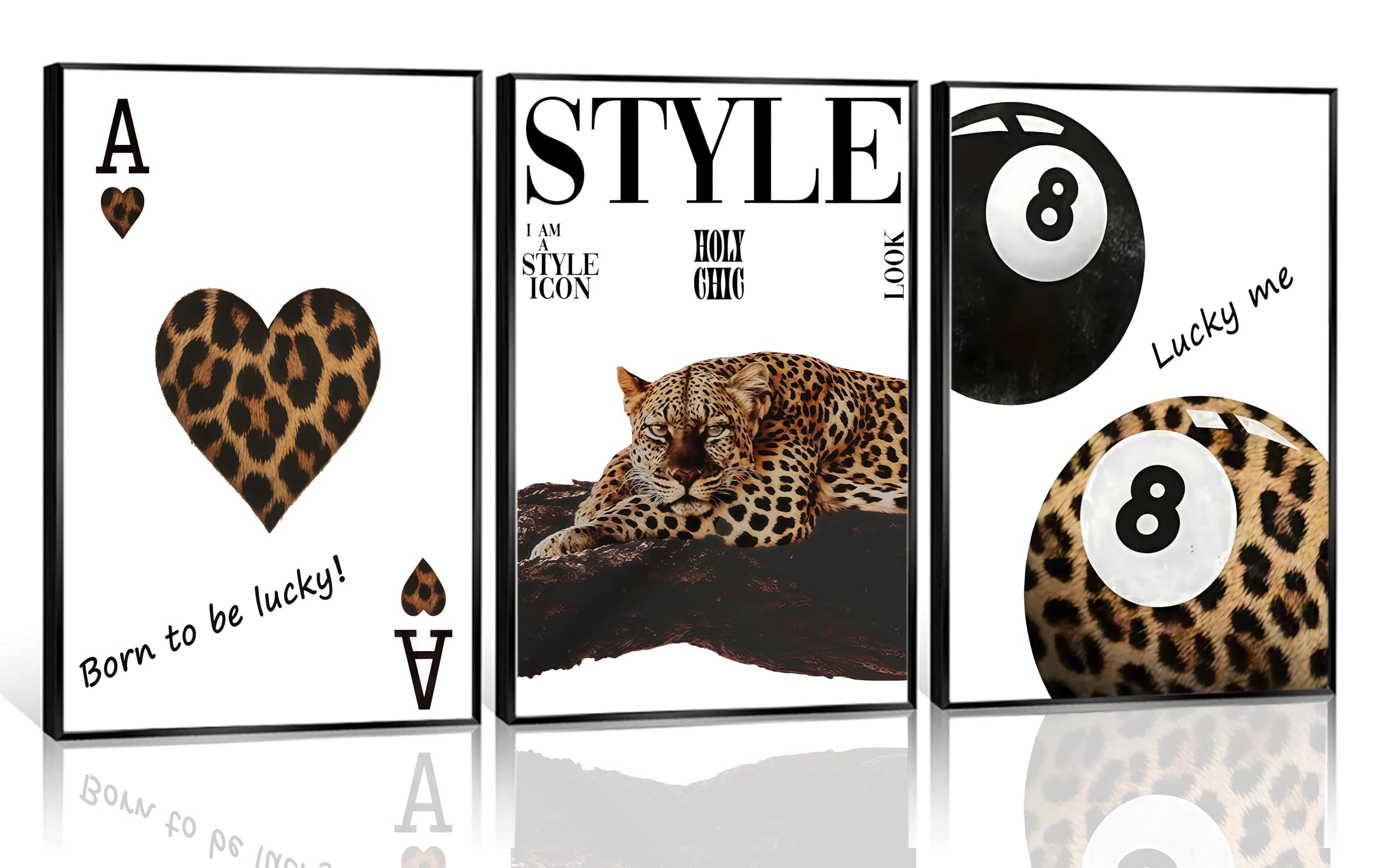 Photo 1 of 3Pcs Fashion Leopard Print Canvas Wall Art Cheetah Paintings Wall Decor Stylish Lucky 8 Ball Posters Prints College Style Room Aesthetic Pictures for Girls Bedroom Apartment Dorm Decoration Unframed