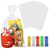 100PCS Cellophane Treat Bags 9x15 Inches Clear Plastic Gift Bags with Twist Ties Cello Party Favor Bags for Wrapping Halloween Christmas Gifts, Candies, Dessert, Bakery, Cookies, Chocolate, Popcorn