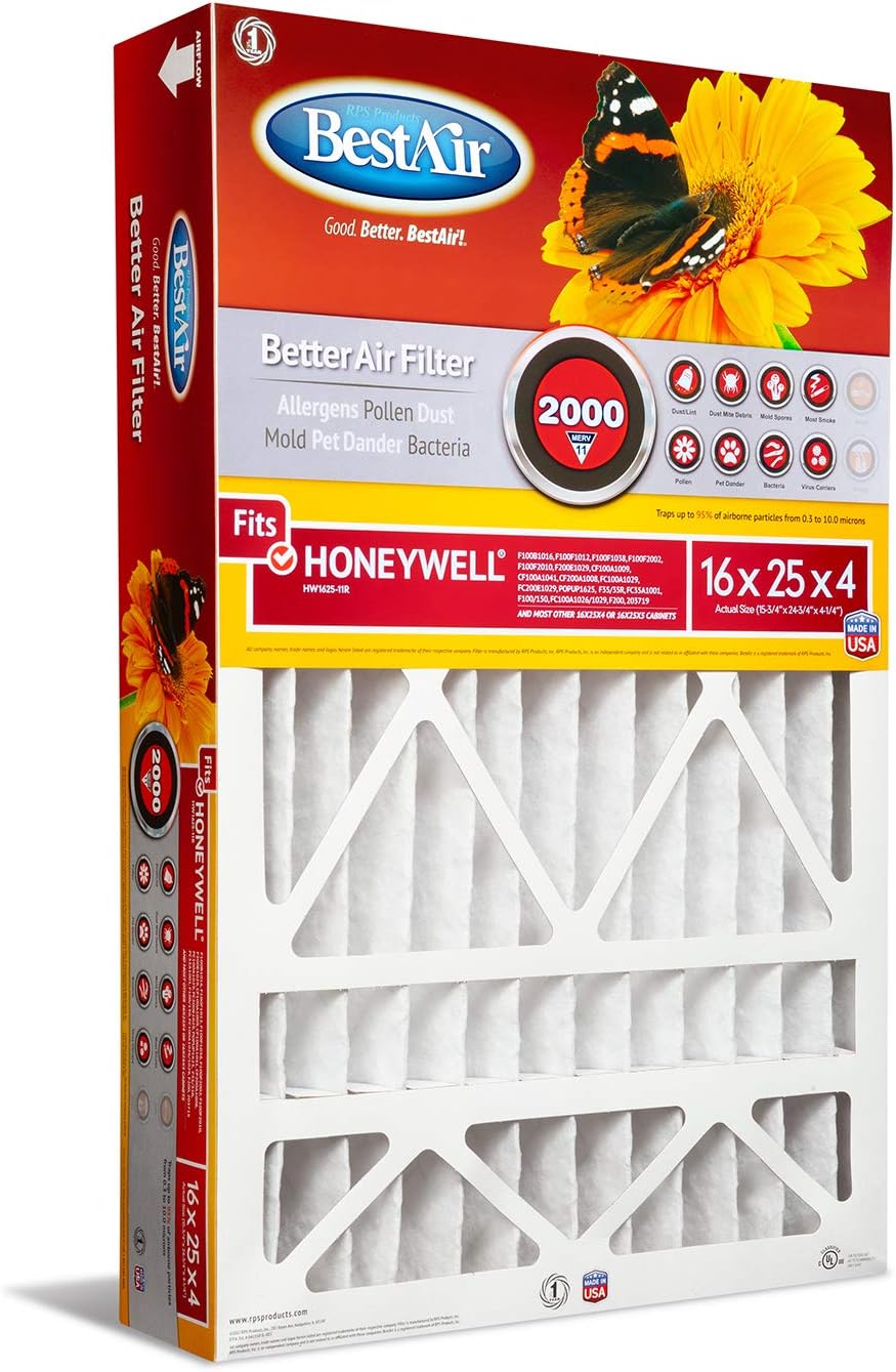 BestAir HW1625-11R Air Cleaning Furnace Filter, MERV 11, Removes Allergens & Contaminants, for Honeywell Models, 16" x 25" x 4", Single Pack