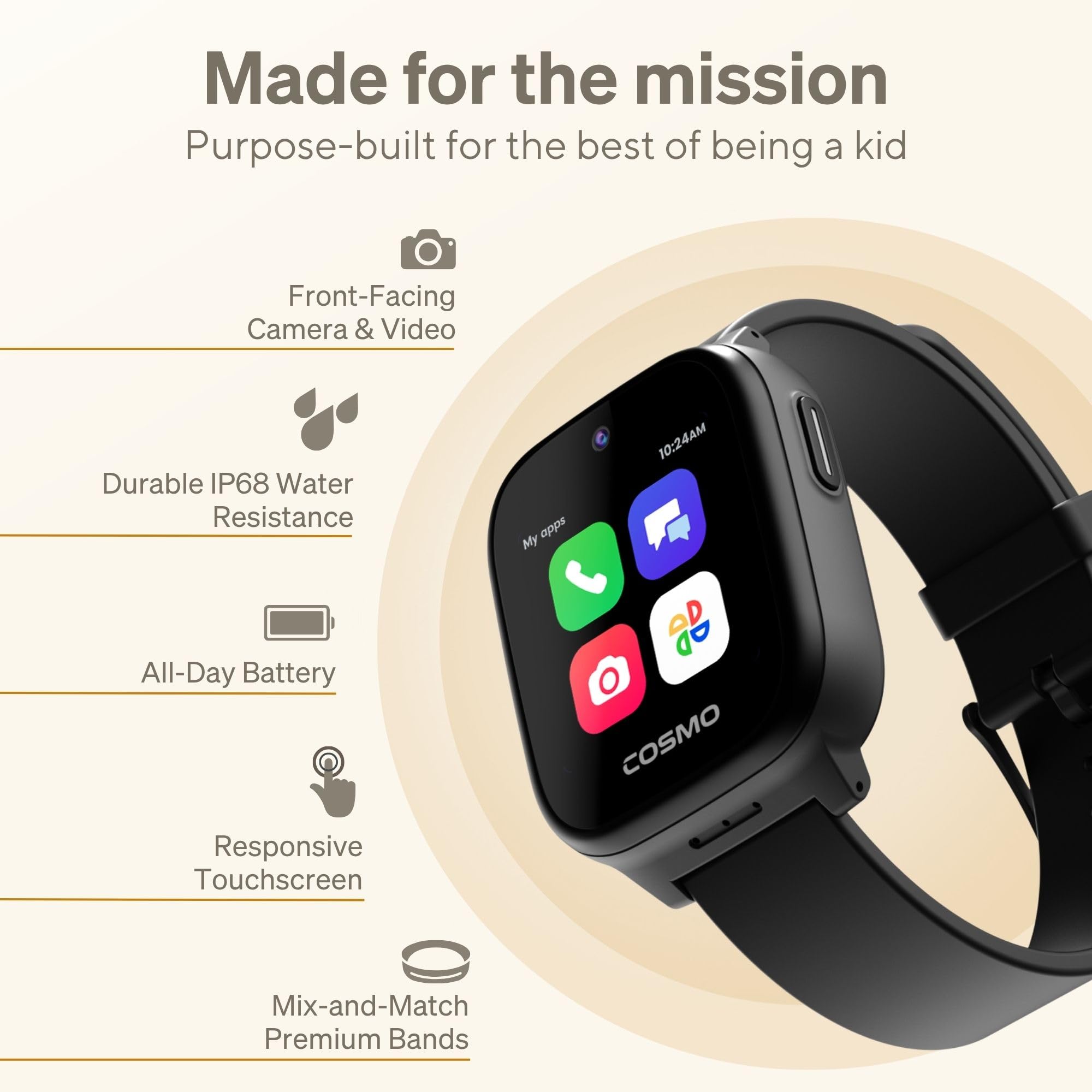 Reloj inteligente para niños JrTrack 5 de Cosmo | El mejor reloj telefónico seguro para niños | Seguimiento GPS de precisión en tiempo real | Llamadas, mensajes de texto, actividades, entornos escolares | Música de Spotify | Controles parentales | SOS y alertas de seguridad