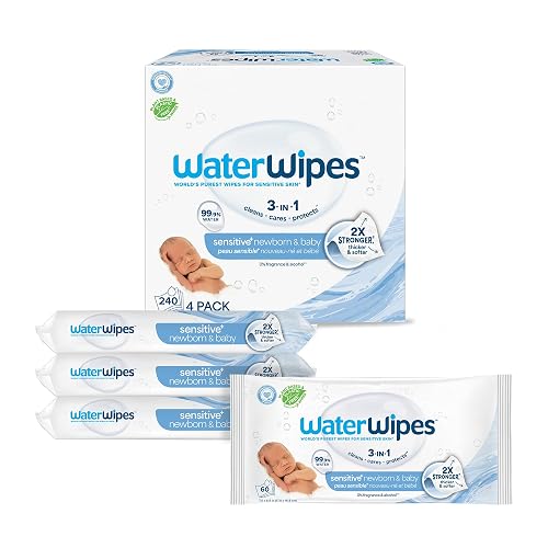 WaterWipes Plastic-Free Original Baby Wipes, 99.9% Water Based Wipes, Unscented & Hypoallergenic for Sensitive Skin, 240 Count (4 packs), Packaging May Vary