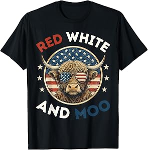 Red White and Moo Funny Toddler Highland Cow 4th of July T-Shirt