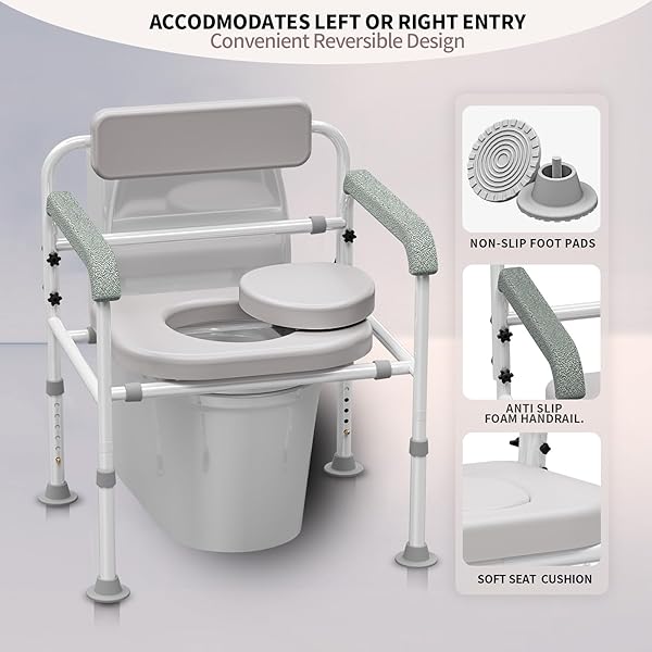 ADJUSTABLE MEDICAL BEDSIDE COMMODE CHAIR WITH PADDED BACKREST, DROP ARM SUPPORT, HEIGHT ADJUSTABLE GREY