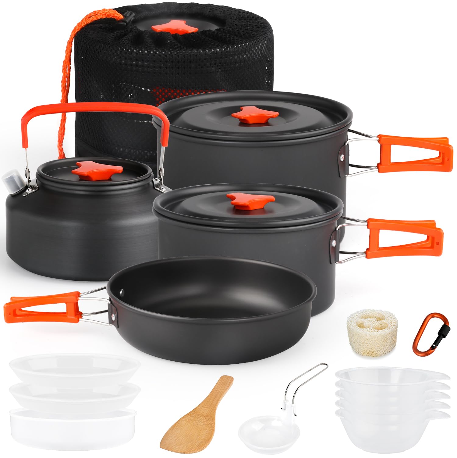 Gutsdoor Camping Cookware Set Camping Cooking Set Non Stick Family Backpacking Cooking Set Lightweight Stackable Pot Pan Bowls with Storage Bag for Outdoor Hiking (16pcs (Orange))
