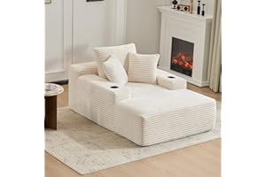 ETCZOYE 66" Oversized Chaise Lounge Sofa Chair Indoor, Modern Corduroy Single Sleeper Couch Chair with 3 Soft Pillows＆Cup Holder, Boneless Cloud Couch Single Seat Sofa Bed for Living Room Office (White)
