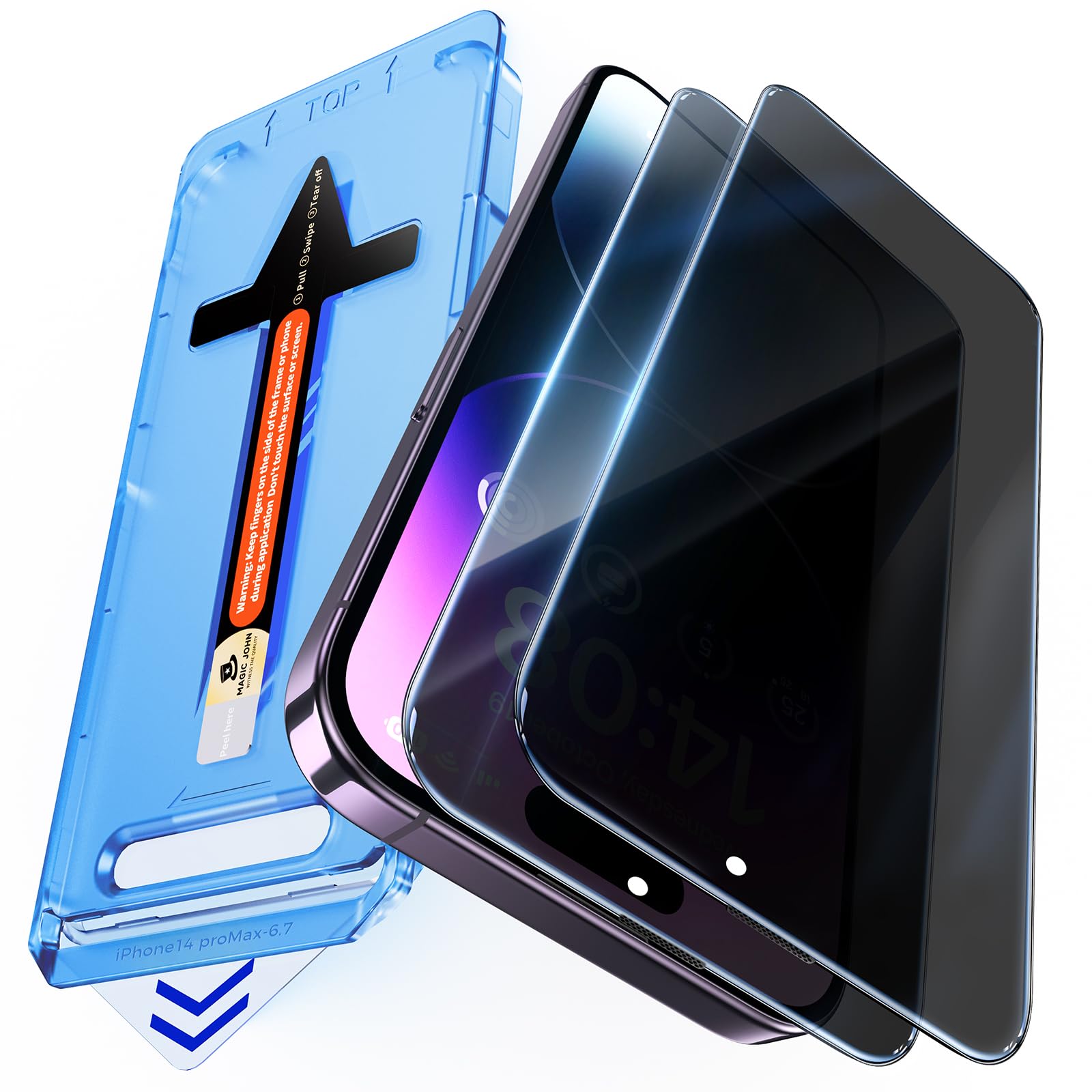 MAGIC JOHN 2 Pack for iPhone 14 Pro Max 6.7 inch Privacy Glass Screen Protector, Auto Dust-Elimination Installation, Bubble Free, Easy Installation