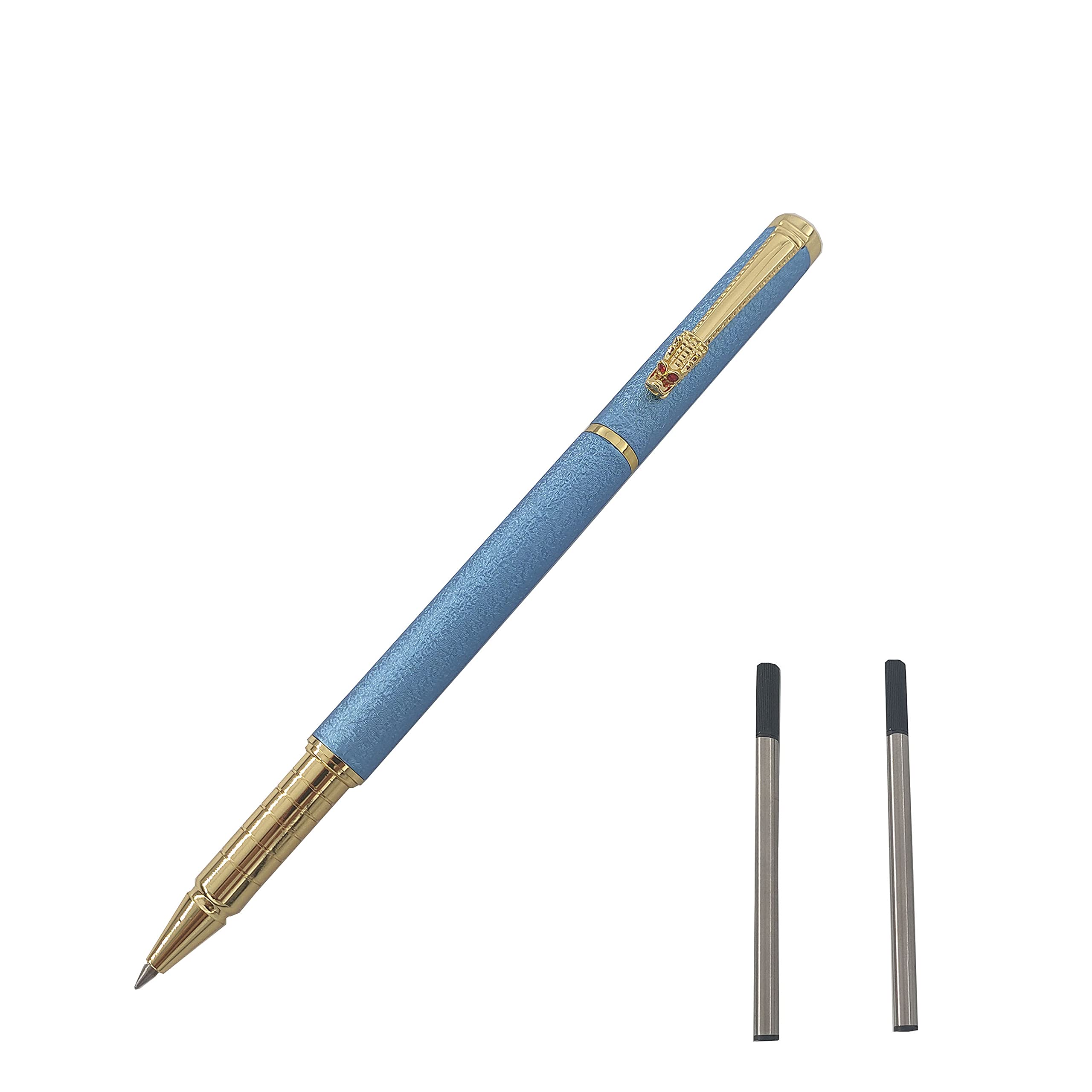 MCKhome Metal Ballpoint Pen Rollerball Pen Office Signature Pen 0.5MM Nib Two Replaceable Black Refills Office Gift Rollerball Pen for Men Women Executive Business Office School Use-Gift Box (Blue)