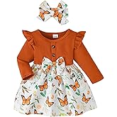 YWFSHOP Baby Toddler Girl Dress Outfit Fall Winter Clothes Crew Neck Corduroy Long Sleeve Dresses with Bow Headband