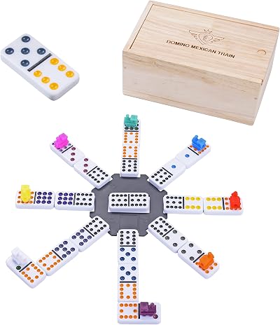 Engelhart Mexican Train Dominoes D12 Set 91 Colorful Dominoes Wooden Box 2-8