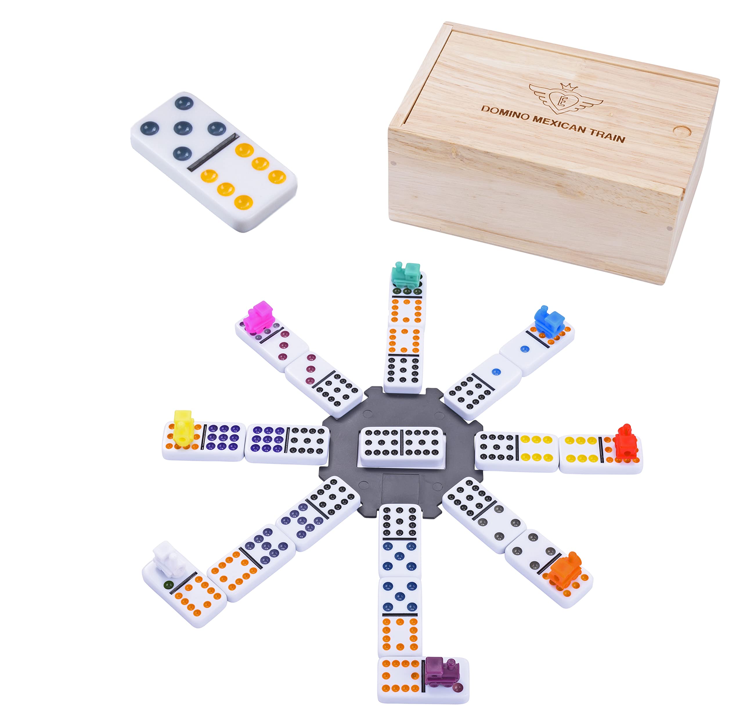 Engelhart - 250170 - Mexican Train Dominoes Set D12 - Wooden Box - 91 Colorful 9mm Dominoes + 8 Colorful Trains - 2 to 8 Players — image 1