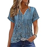 Soesdemo Short Sleeve Shirts for Women V Neck Button Down Floral Soft Boho Womens Blouses Casual Loose Fit Peasant Blouse