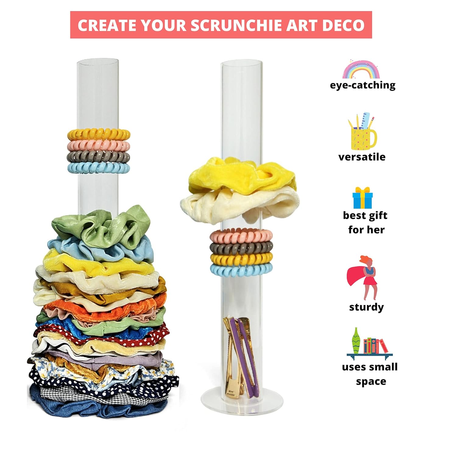 Scrunchie Holder Stand 12 Inches - Organizer A Lot of Scrunchies for Girls - Use This Hair Ties Organizer Stand as a Cute Bedroom Decor for Teens - Versatile Clear Acrylic Scrunchy Holder : Beauty